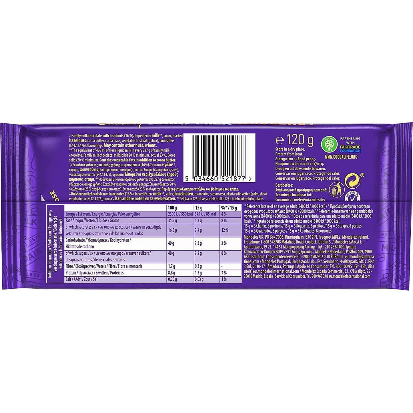 Cadbury Whole Nut Chocolate Bar 120g