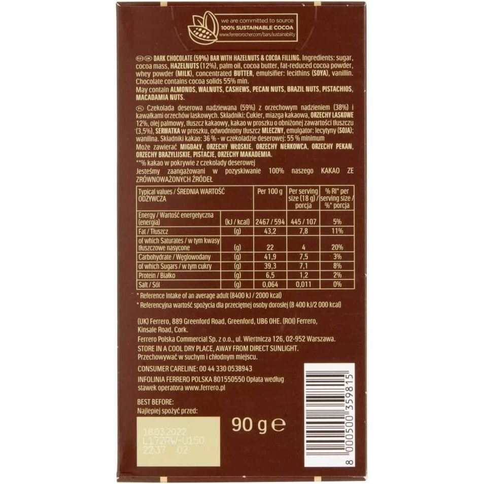 Ferrero Rocher Dark 55% Hazelnut Bar 90g